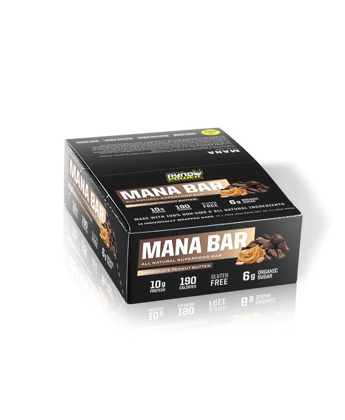 RYNO POWER MANA CHOCOLATE PEANUT BUTTER PROTEIN BAR 12 x 50G CADDY
