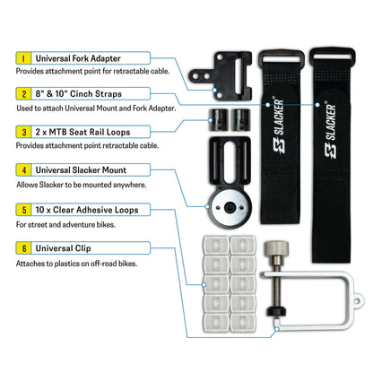 Slacker bike accessories set with labeled components on a white background