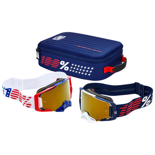 100% DUAL ARMEGA PATRIOT PRO PACK WHITE/NAVY TRUE GOLD MIRROR GOGGLES