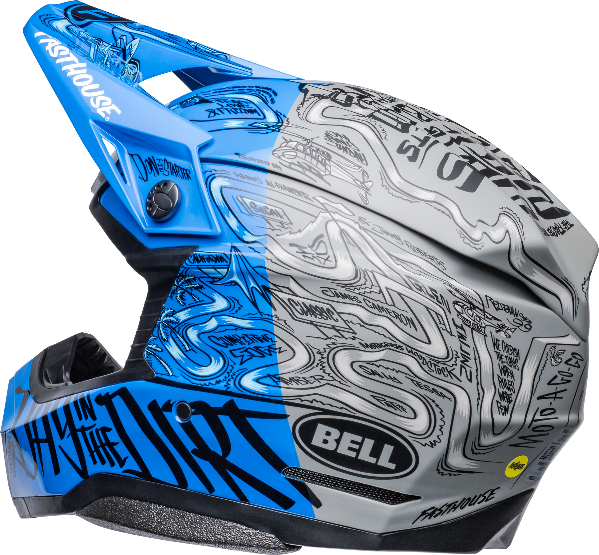 bluish gray motorcycle helmets BELL LE MOTO-10 SPHERICAL FASTHOUSE DAY IN THE DIRT BLUE/GREY HELMET – Moto House